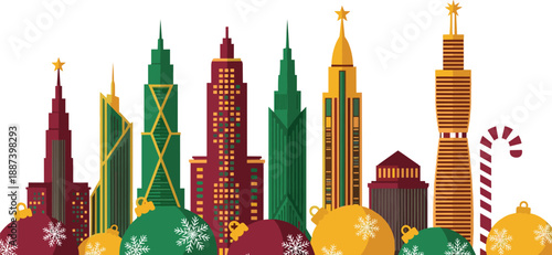 Christmas City Skyline Vector Illustration Featuring Colorful Skyscrapers With Festive Ornaments Candy Canes And Stars For Holiday Season Greeting Cards And Winter Urban Celebrations
