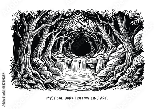 Mystical dark hollow line art illustration with waterfall, trees, and rocks creating a dark forest landscape scene