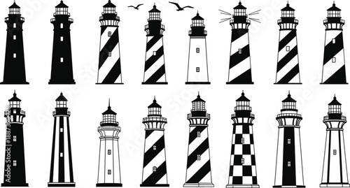 Set of Minimalist Lighthouse Silhouette Icons with Various Stripes and Patterns Featuring Seagulls and Beacon Light Graphic Design Elements Isolated on White Background