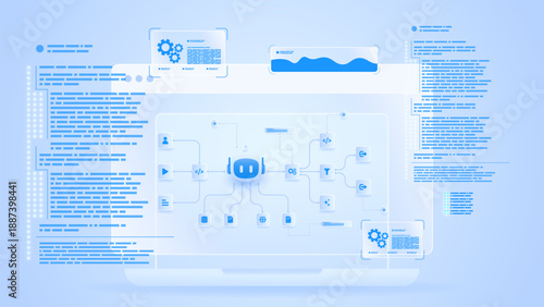 AI workflow automation artificial intelligence. ai agent network diagram dashboard machine learning flow process and intelligent system architecture.