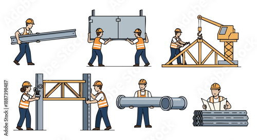 Construction Workers Labor Set. Builders Carrying Steel Beams, Installing Panels, and Assembling Trusses. Industrial Engineering and Manual Work Process Icons.