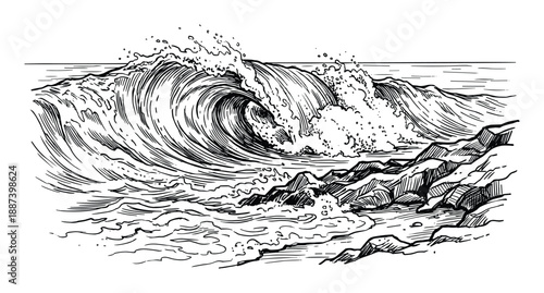 Ocean waves crashing against rocks, detailed black and white line drawing illustration of the sea