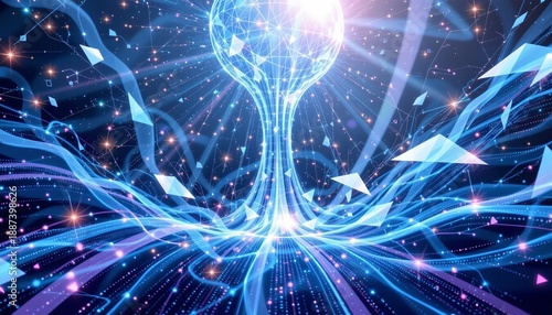 A sleek, modern digital illustration capturing an abstract vision of technology and electronic energy, viewed from a third person perspective, The position features a luminous, hopeful atmosphere