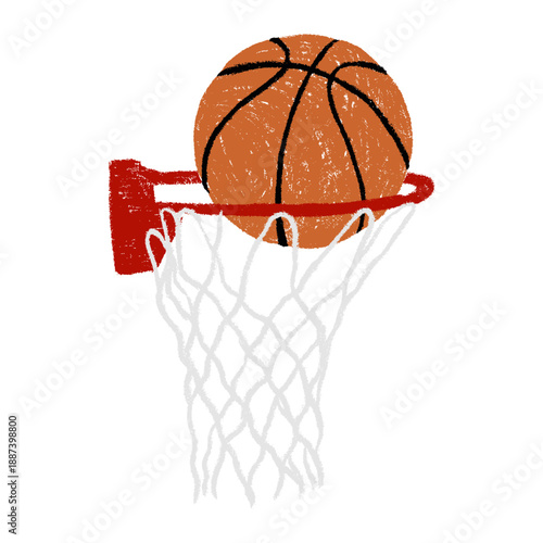 Hand drawn basketball net with ball falling through in chalk style, textured lines and playful scribbles, naive colorful doodle with soft shading, scrapbook friendly element isolated.