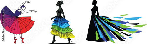 Vibrant Fashion & Dance Silhouettes: Abstract Elegance, Colorful Gowns & Dynamic Movement - Creative Design Vector