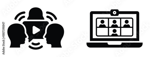 Online video conference vector icon set, people talking via virtual meeting on laptop screen