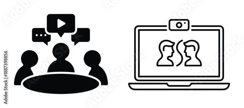 Online meeting icon vector, people in meeting with video conference, online discussion with speech bubbles