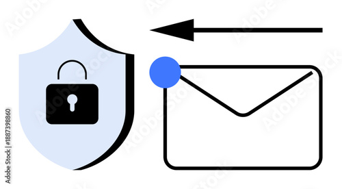 Email security concept. Shield lock and envelope icon secure communication. Email security ensures data protection, preventing unauthorized access. For cybersecurity, communication apps, tech