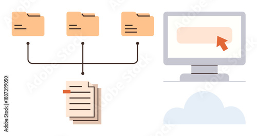 Data organization, cloud computing, file sharing, digital storage, network syncing, remote access. Linked folders, stacked files computer screen and cloud icon visualizing data flow. Data
