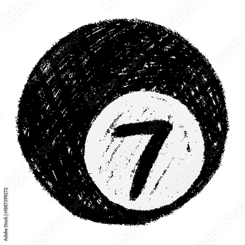 Hand drawn black billiard ball with number seven in chalk style, textured surface and playful scribbles, naive colorful doodle vector illustration, scrapbook friendly element isolated.