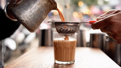 Close Up Of Hands Pouring Masala Chai Tea Through A Sieve Into A Small Glass On A Wooden Table With Bokeh Background Lights