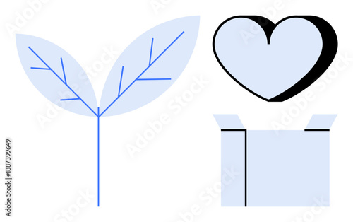Sustainability, eco-consciousness, environmental care, gift-giving, love, positive impact. Minimalist leaf illustration paired with heart rising from a box. Sustainability and eco-consciousness theme