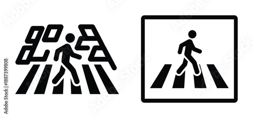 Pedestrian crossing sign vector illustration. People walking crosswalk safety. Zebra crossing sign in black and white.