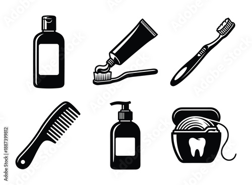 Personal care hygiene items vector illustration includes toothbrush, toothpaste, comb, shampoo, soap, and dental floss