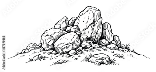 Pile of Rocks Sketch, Hand-drawn Stone Mound Vector Illustration, detailed black ink outlines and various rock sizes