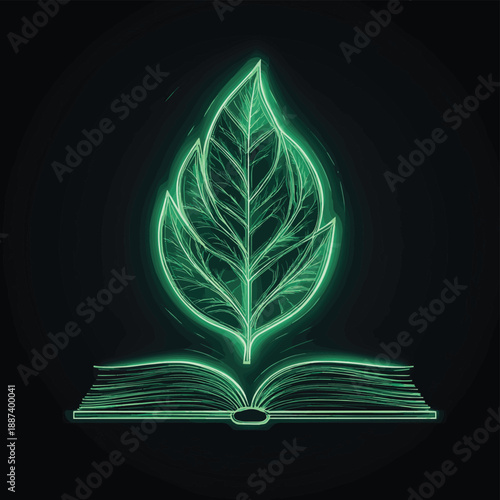 Open book features leaf. Light green neon illustration. Suitable for educational materials website or books. Minimalist line drawing green background. , vector style simple color