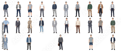 Flat faceless men collection in business casual poses. Minimal vector professionals arms crossed, hands pockets for corporate diversity graphics.