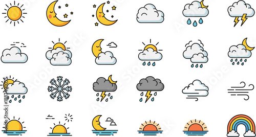Professional weather forecast icons showing winter blizzards hot sun wind gusts and celestial night sky elements for infographics.