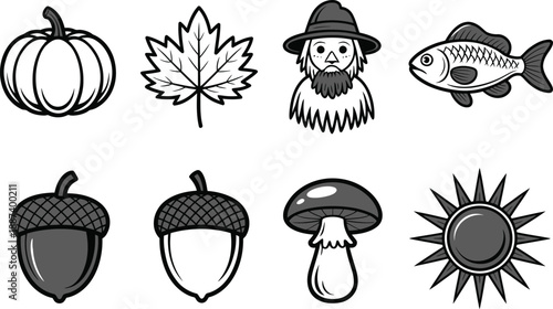 A set of eight monochrome representing autumn including a pumpkin, leaf, man, fish, acorns, mushroom, and sun