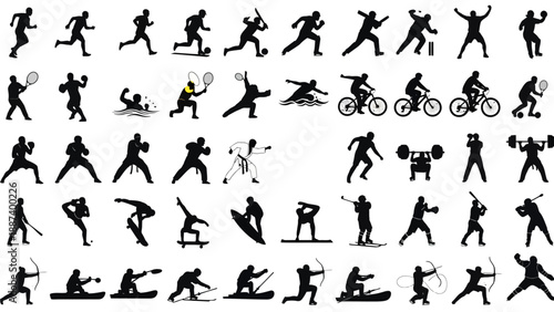 Minimalist sports icons set with cyclist, runner, and badminton player vector illustration