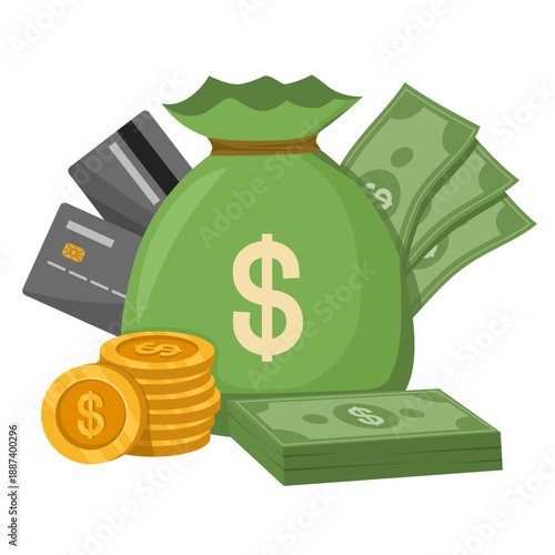 Money Bag with Cash, Coins and Payment Cards, Financial Wealth Concept Illustration