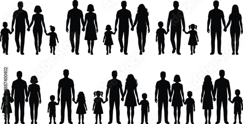 Family silhouettes walking together holding hands parents children collection, happy family lifestyle bonding concept, black people vector illustration set