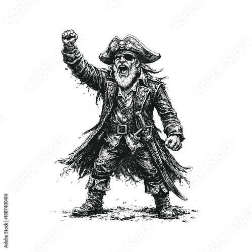 Fierce Pirate Captain Raising Fist Ink Illustration