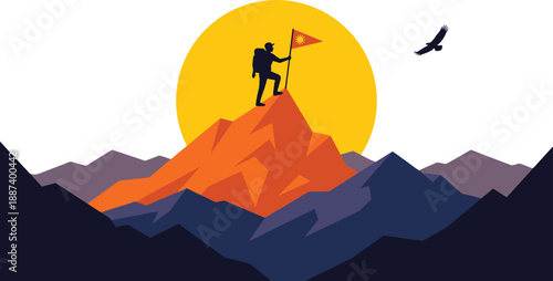 Mountain peak success illustration, climber planting flag at summit, achievement leadership motivation, adventure goal concept, sunrise landscape, victory symbol