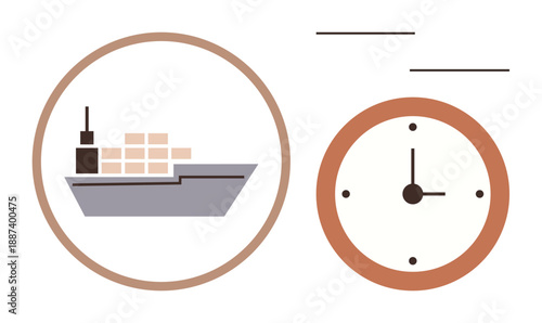 Global trade, shipping schedules, freight timing, inventory management, international logistics, supply chain solutions. A container ship and clock side by side. Global trade and shipping schedules