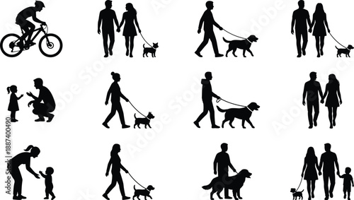 People silhouettes daily activities set, walking couples dog walking parenting moments cycling scenes, black human figures, lifestyle vector illustration