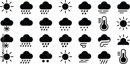 Black silhouette of weather conditions and thermometer , weather, forecast, set, collection