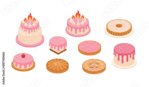 Isometric pink glaze cake and sweet pastry vector set isolated on transparent background