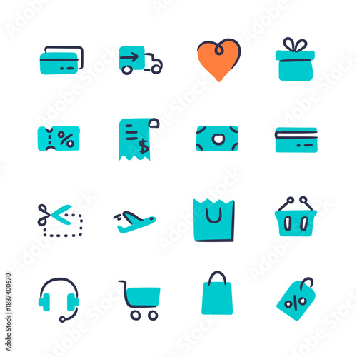 Shopping hand drawn icons. Retail cartoon  vector illustration.