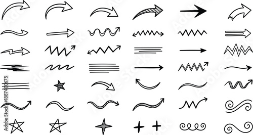 Large collection of hand-drawn black ink arrow sketches featuring curly spirals, wavy lines, straight pointers, and decorative star symbols for creative project design elements.