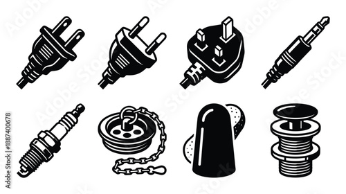 Plugs and drain components vector illustration set in black and white, various electrical, sink, bath and tub plumbing hardware