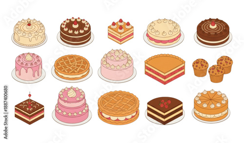 Minimal isometric birthday cake and pastry vector icon collection isolated on transparent background