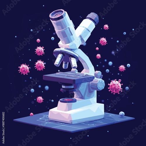 Microscope virus 3D low poly render. Laboratory analysis infection virus influenza flu pneumonia. Modern science technology medicine vector illustration , vector style simple color