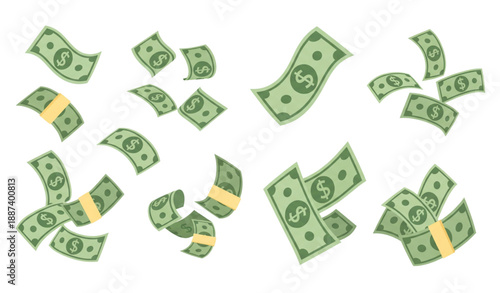 Floating cash and USD banknote cartoon vector symbols set isolated on transparent background