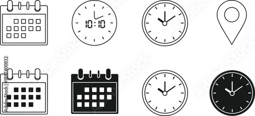 Vector icon set featuring minimalist line and solid calendar designs, analog and digital clocks, and location pin markers for schedule planning and event management.