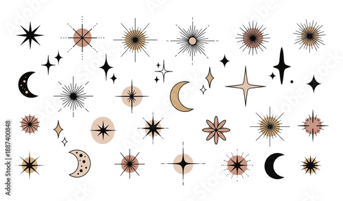Boho celestial star decorative vector element set isolated on transparent background