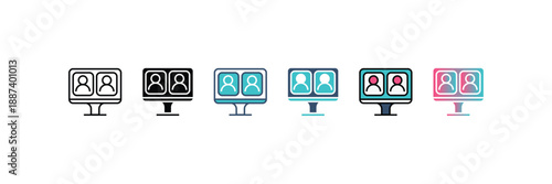 Set of diverse video call icons showing two users on a monitor in various styles and colors, representing online communication.