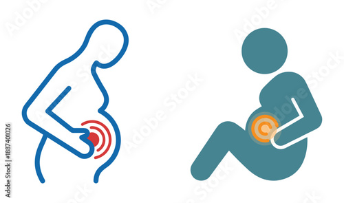 Pregnant woman abdominal pain discomfort icons set. Pregnancy ache vector illustration