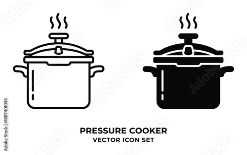 Pressure cooker vector icons set. Pot with steam, outline and solid design, kitchenware illustration
