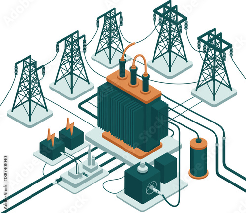 Isometric power grid infrastructure with transformer and transmission towers, electrical energy distribution system, industrial utility network illustration isolated white