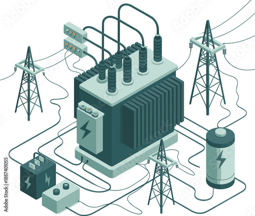 Isometric power grid infrastructure with transformer and transmission towers, electrical energy distribution system, industrial utility network illustration isolated white