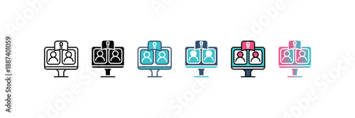 Set of six icons illustrating online video conferencing, virtual meetings, or user profiles on a computer monitor, in various styles and colors.