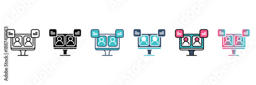 A set of diverse vector icons illustrating online video conferencing, virtual meetings, and digital communication with user profiles and data analytics on a computer monitor.