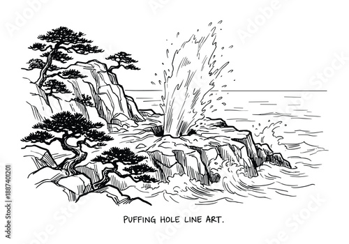 Puffing hole line art with water splashing and trees on rocks by the sea coastline, black and white illustration.