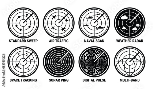 Radar scan icons set. Standard sweep, air traffic, naval scan, weather radar, space tracking, sonar ping, digital pulse, multi-band.