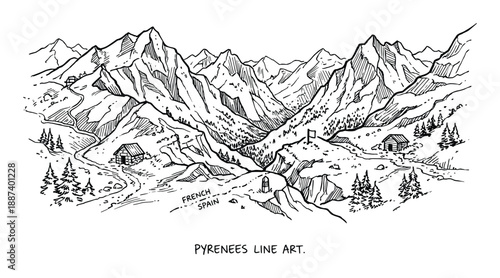 Pyrenees Mountains Line Art Illustration Landscape French Spain Border Scenery
